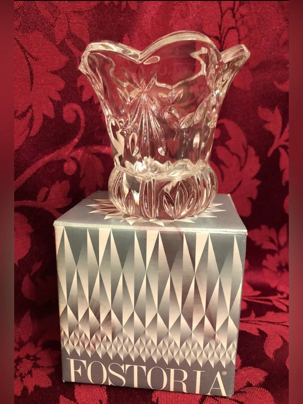 24% Lead Crystal Floral Votive Tealight Candle Holder - Clear w/box Circa 1996